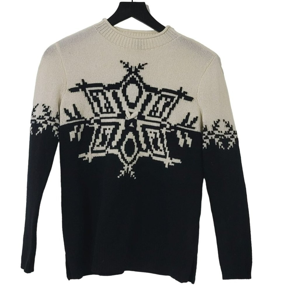Talbots Merino Wool Sweater XSP Preppy Pullover‎ Ivory Black Snowflake Holiday
